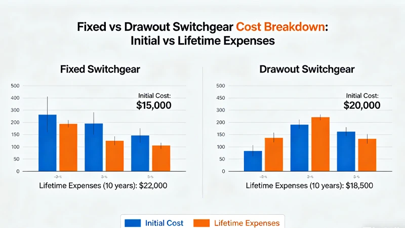 Cost breakdown comparison of fixed vs drawout switchgear showing initial vs lifetime expenses